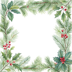 Christmas wreath border with holly and berries isolated on transparent background