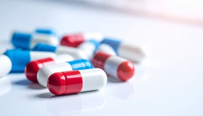 Close-up shot of several colorful medicine capsules scattered on a white surface, highlighting their shape.