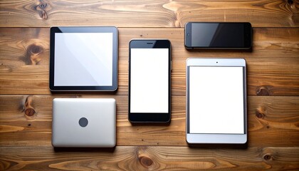 Various electronic devices, including tablets, smartphones, and a laptop, arranged on a wooden surface.