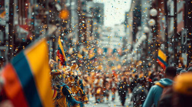 Feria de Cali Street Parade &ndash; Colombian Flags, Confetti, Traditional Costumes, and Festive Cultural Event in Cali, Colombia