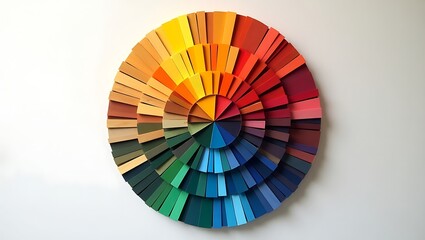 Obraz premium Circular Color Spectrum Display Showcasing a Range of Hues with Wooden Swatches on White Background