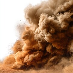A powerful, earth-toned dust cloud erupts, billowing and spreading, against a stark white background