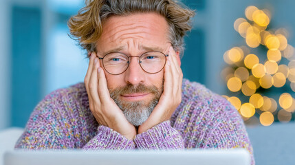 Home sick, A man watches home videos on a laptop, showing visible tears during a touching moment.