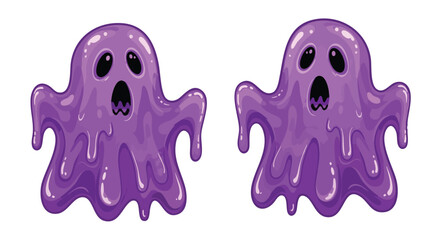 Two adorable purple, melting cartoon ghosts, Halloween-themed, friendly expressions.
