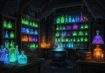Witch's potion room with glowing jars and steaming cauldron