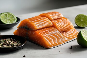 Fresh salmon fillets on a table with seasoning and lime wedges ready for meal preparation
