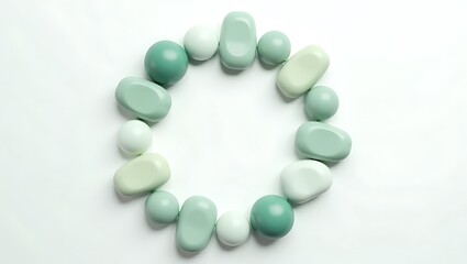 Minimalist composition of zen stones and spheres creating a circle on a white background perfect for meditation or peaceful design projects