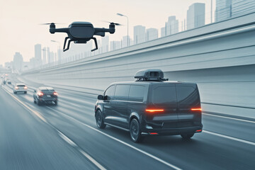 Aerial drone tracking futuristic concept car on urban highway during early morning hours