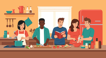 Diverse friends cooking together in a bright kitchen, preparing a healthy meal with fresh ingredient