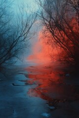 Fototapeta premium Mystical Winter Landscape with Fog and Reflections in Water Surrounded by Bare Trees and Fiery Color Highlights