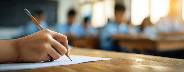 The Pencil Writing Scene Of A Focused Student In A Classroom