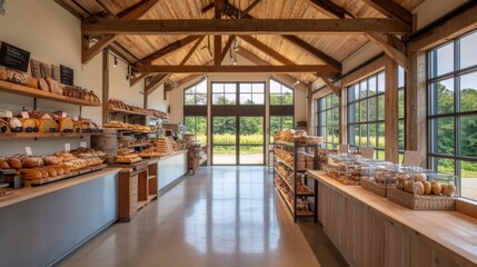 Rustic Bakery Shop with Large Windows and Wooden Beams Interior