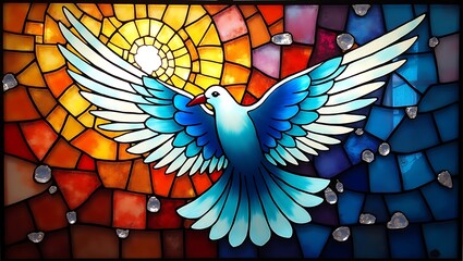 Stained Glass Dove with Sun Design Representing Peace Hope and Spirituality Detailed Craftsmanship and Vivid Colors in Artistic Expression