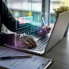 Laptop SEO Analytics with Digital Interface and Marketing Icons