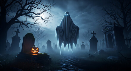 Spooky ghost in cemetery with jack-o'-lantern