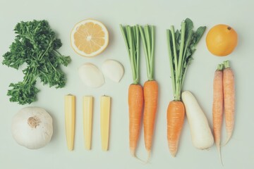 Fresh farmers market vegetables arranged in an organized flat lay for a vibrant display