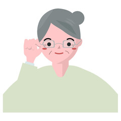 眼鏡をクイッとあげるおばあちゃん。ベクターイラスト