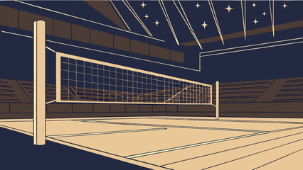 Indoor Volleyball Net and Court Beige and Brown Tones Night Setting.