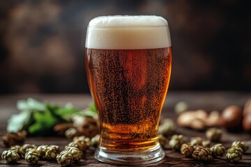 Refreshing glass of foamy beer with hops and malt on a rustic brewery table