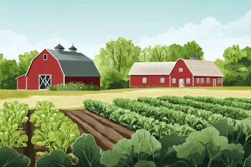 Colorful rural landscape with barns and vibrant vegetable fields in a sunny setting
