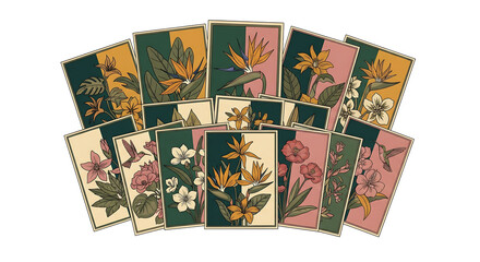 Collection of floral and botanical illustrations with tropical flowers and leaves, isolated on white background