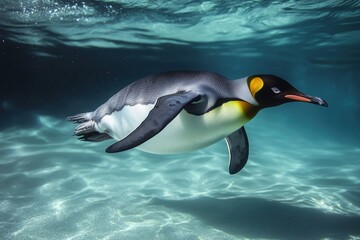 Swimming penguin navigating through clear water in an underwater environment