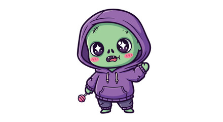 A cute cartoon zombie character wearing a purple hoodie and holding a lollipop.