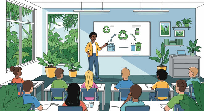 Teacher presenting recycling to students in a bright classroom with plants and a nature view