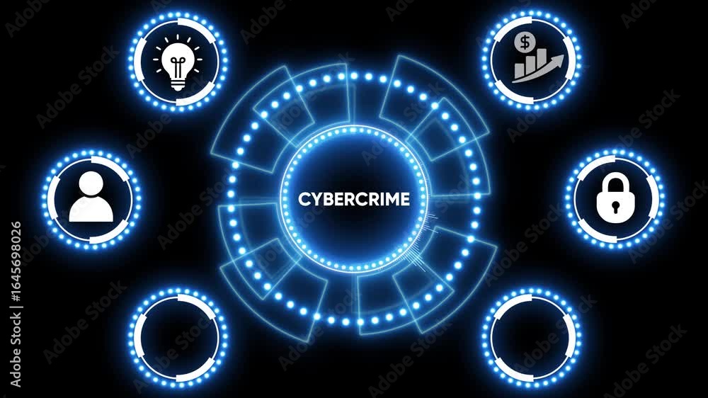 Poster animated abstract futuristic tech hud interface with glowing blue neon elements on black background