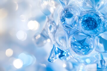 A close-up of blue and white cells in an organic sphere, with the background being a blurred light gradient from dark to bright, creating a soft-focus effect. 