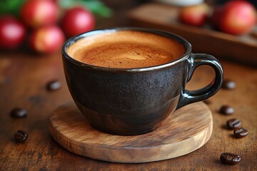 Coffee cup featuring aromatic brew on wooden surface with beans and fruits in background