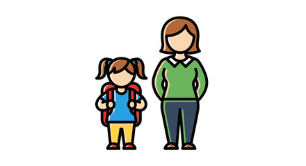 Obraz premium Flat illustration of a mother and daughter, the girl wearing a backpack, ready for school, in a simple, minimalist style with a cheerful, warm color palette against a