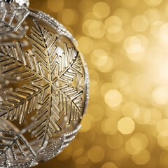 Beautiful Silver Snowflake Christmas Ornament on Golden Bokeh Background