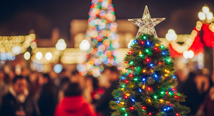 Festive Outdoor Christmas Tree Decorations and Crowd Enjoying the Holiday Season