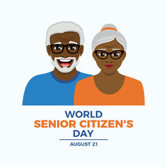 World Senior Citizen's Day poster vector illustration. Happy elderly african american senior couple cartoon. Cheerful black old man and woman vector. Template for background, banner, card. 21 August