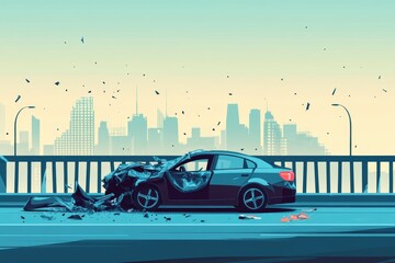 Dramatic graphic layout showcasing a car accident on a city highway at dusk