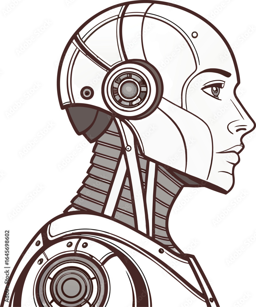 Poster detailed front view of a realistic artificial intelligence humanoid showcasing advanced design and f