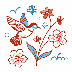 Obraz premium Charming illustration of a flying hummingbird amidst stylized flowers and decorative elements in a folk art style