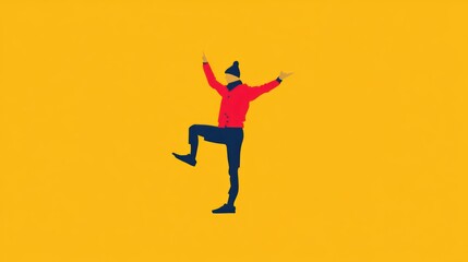 Minimalist vector illustration of a person balancing on one leg in winter attire on a vibrant