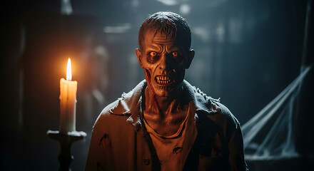 Scary zombie with candle in dark room