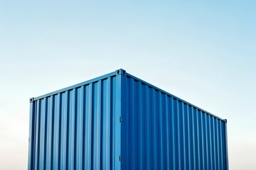 Fototapeta premium Blue Shipping Container Against Clear Sky – Logistics, Supply Chain, Industrial, Freight, Infrastructure, Minimalism