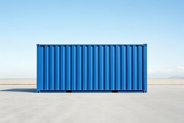 Obraz premium Blue Shipping Container on Concrete Ground – Logistics, Supply Chain, Freight, Industrial, Infrastructure, Global Trade