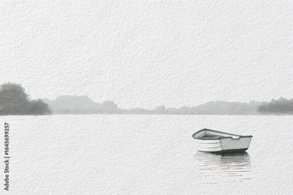 Poster serene white boat floating on calm river at dawn with misty trees in the background creating a tranq