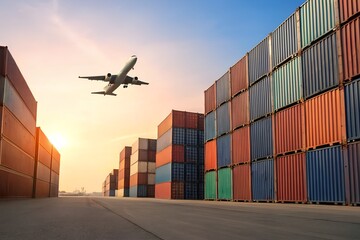 Fototapeta premium Air Meets Sea – Global Logistics, Shipping Yard, Cargo Containers, Supply Chain, Freight, Transportation