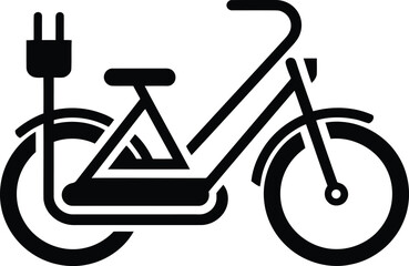 Black electric bicycle shows modern transportation methods with a power plug, all on transparent background