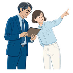 Confident business professionals collaborating on a project, discussing plans and pointing to future goals.