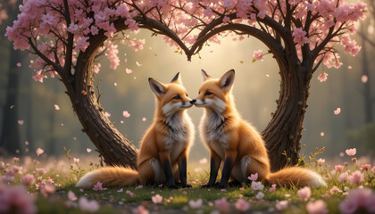 Two Foxes in Love Under a Heart-Shaped Cherry Blossom Tree.A captivating image of two red foxes gently nuzzling beneath a heart-shaped archway of cherry blossom trees.