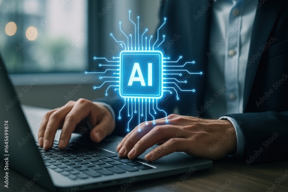 Poster ai at work: close-up shot of a person working on a laptop, the screen displaying an illuminating ai 