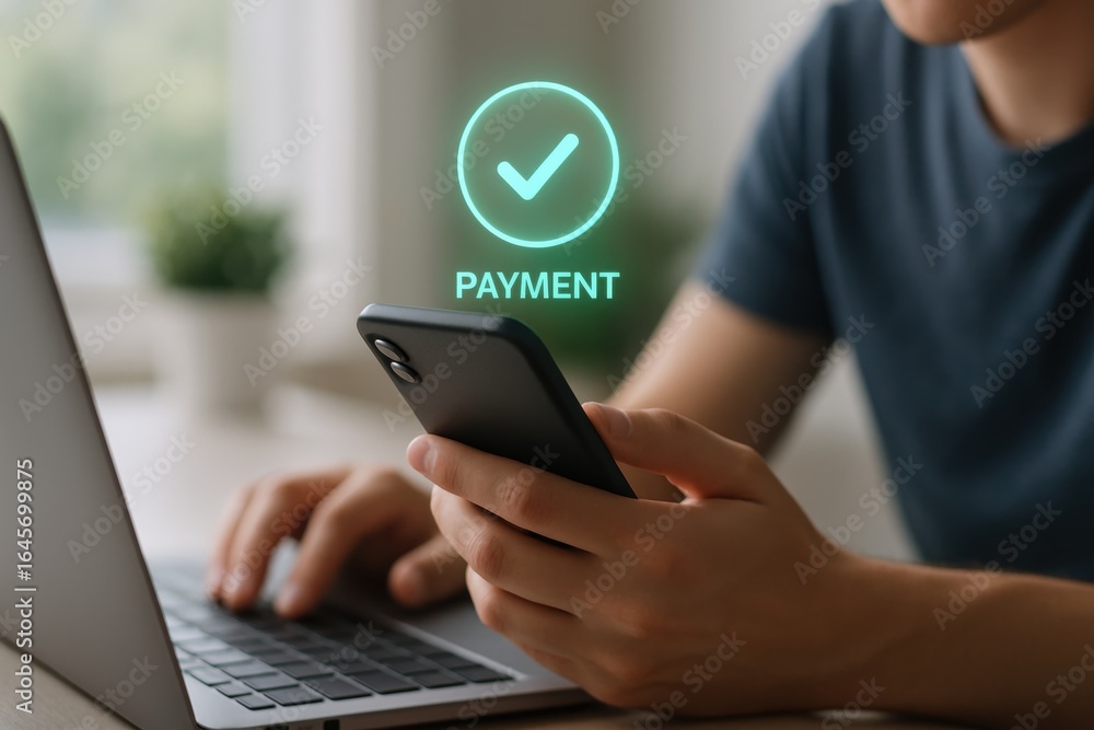 Poster smart transaction: the image features a person engrossed in mobile payment activities with a mobile 