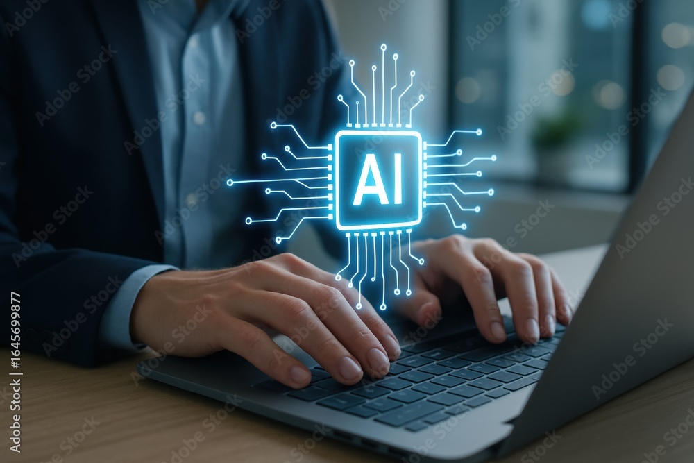 Poster artificial intelligence in focus: an individual in formal business attire is deeply engrossed in pro